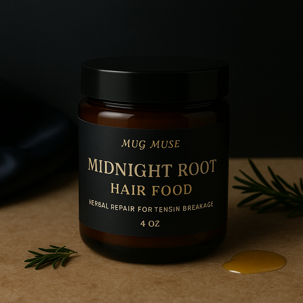 Jar of 'Midnight Root Hair Food' by Mug Muse on a dark background