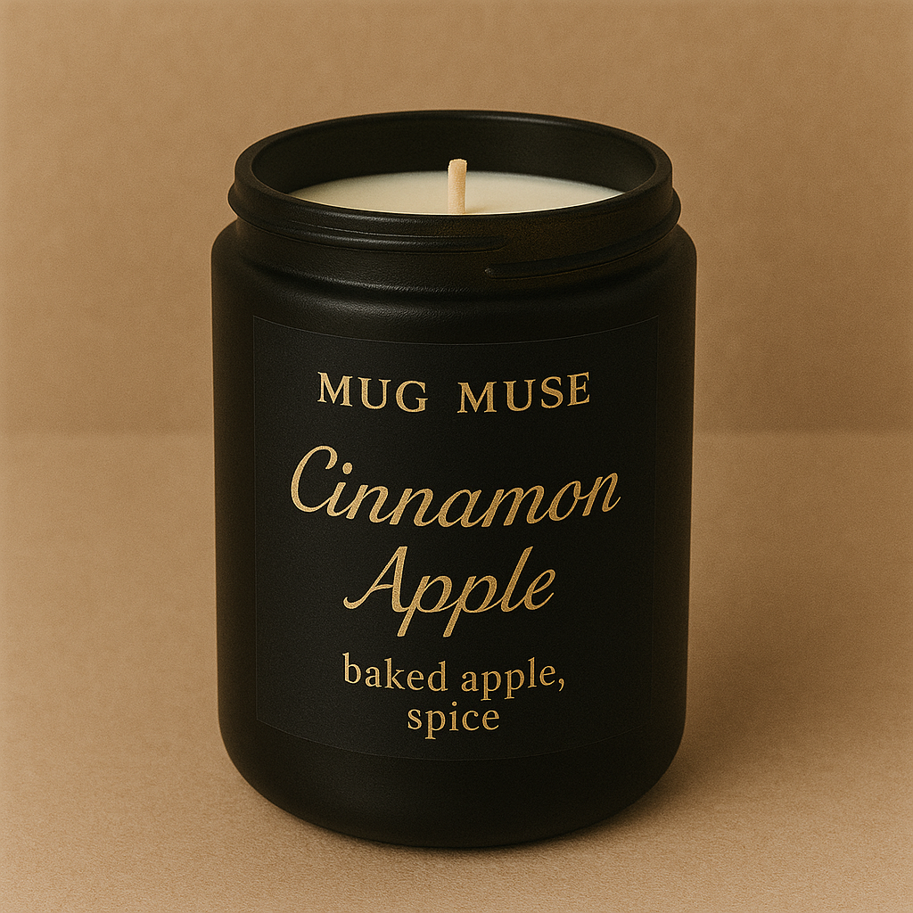 Black candle jar labeled 'Mug Muse Cinnamon Apple' on a brown background